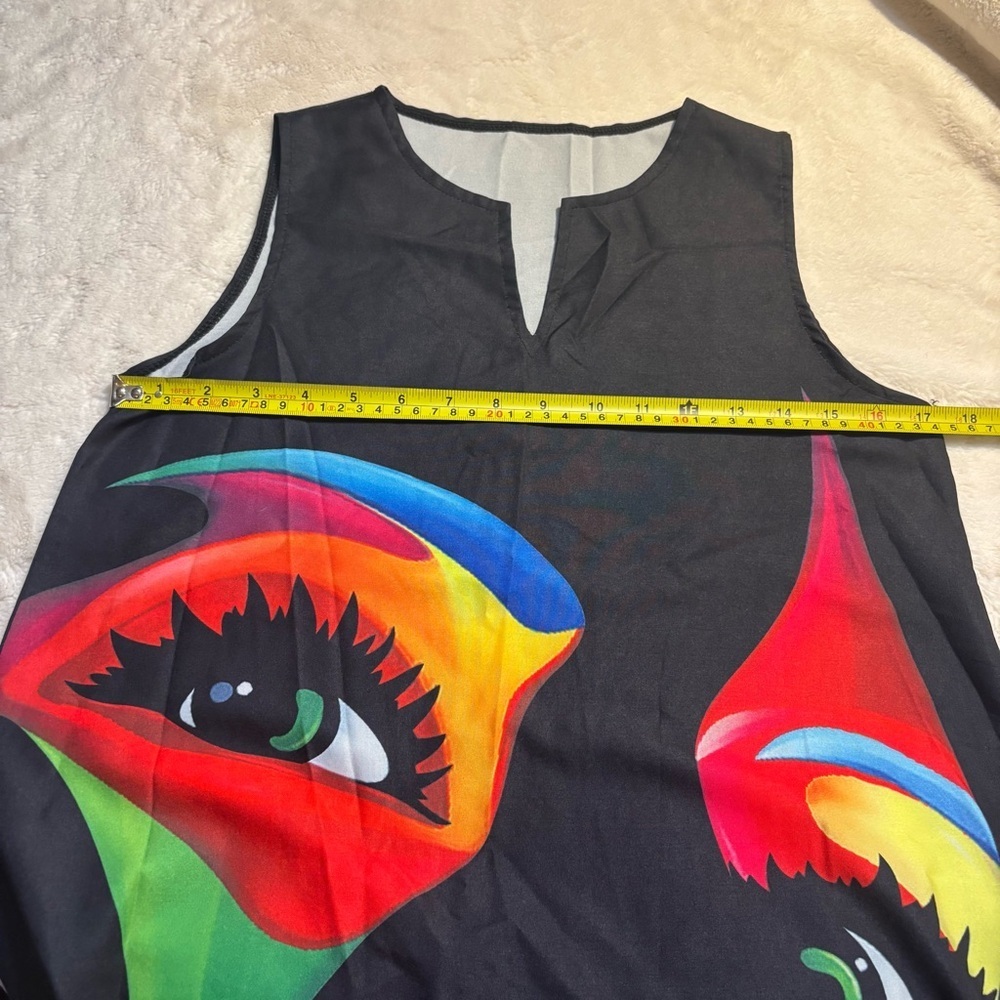 Festival Dress Small Black Multicolor Face Print Art Deco Sleeveless Maxi Colors - Picture 13 of 15